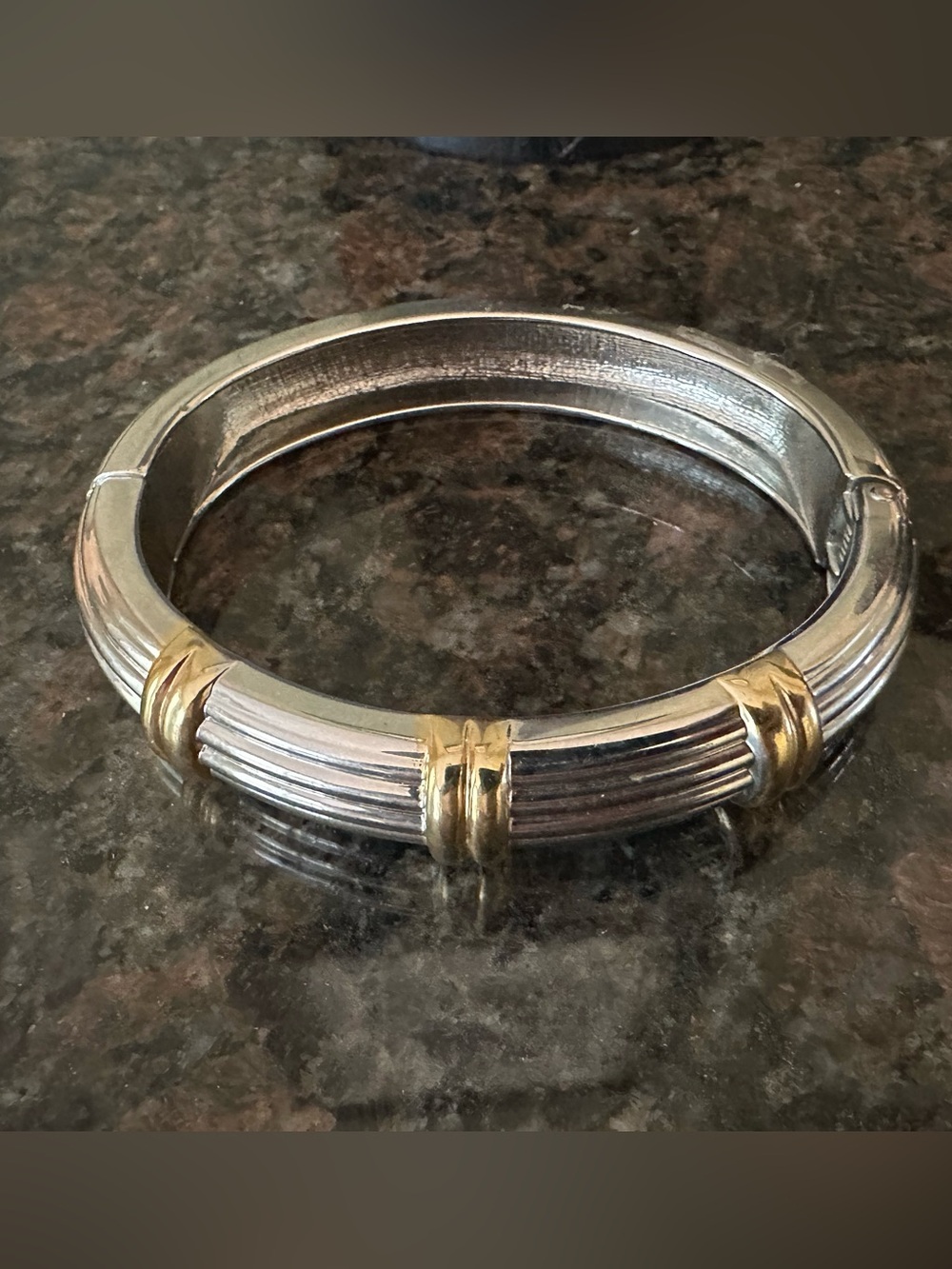 Two-Tone Silver and Gold Ribbed Bangle Bracelet - Picture 4 of 6